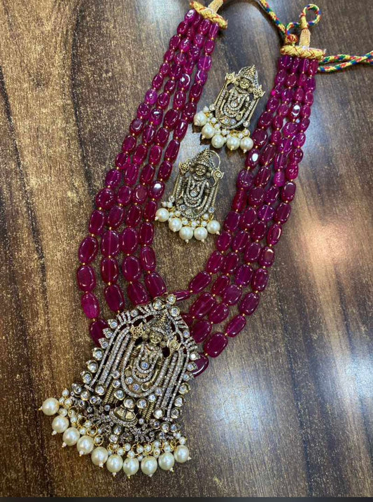 Govinda Long Set temple jewellery by Navrang (purple line with white beads)