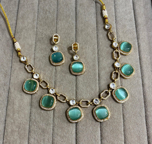 Kalyani Moissanite Necklace with Monalisa Stone (Mint)