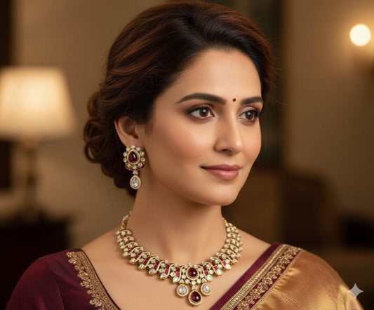 Aaran Necklace with silver foil stones (Maroon)