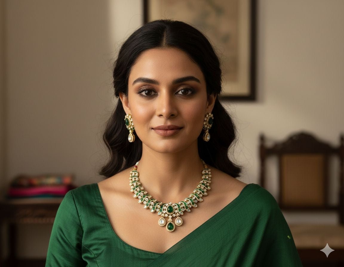 Aaran Necklace with silver foil stones (Green)