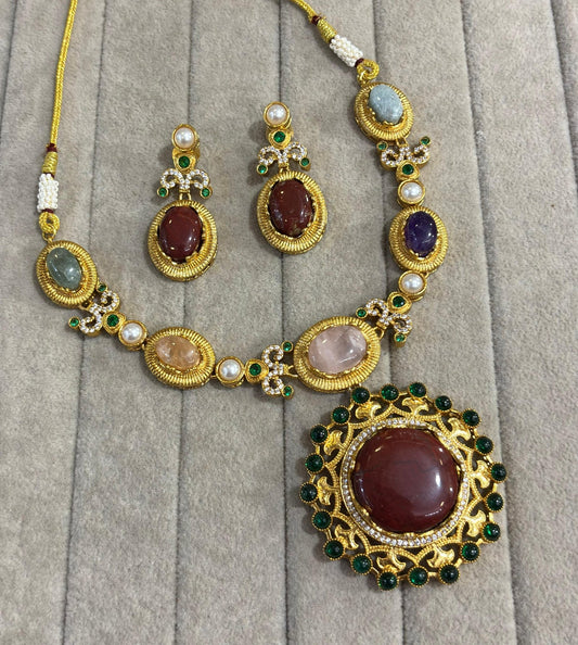 Bijoux Sabyasachi inspired Necklace with real stones  (Multicolor)