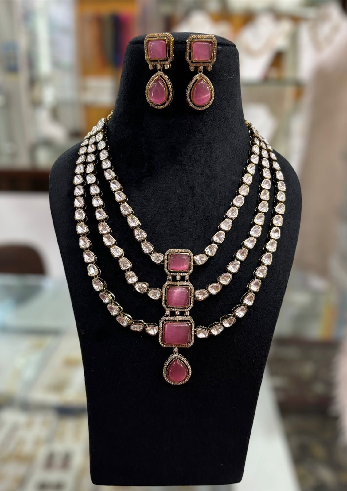 Ethaha 3 layer Moissanite Neckalce set (Pink)