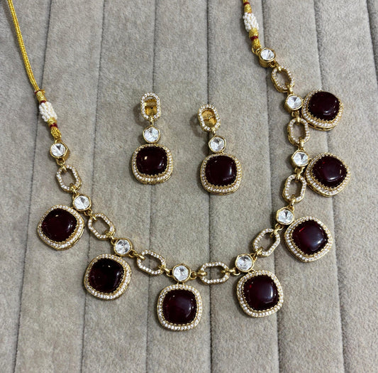 Kalyani Moissanite Necklace with Monalisa Stone (Maroon)