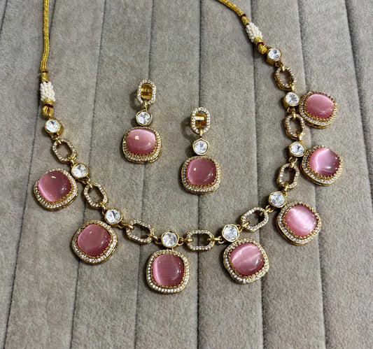 Kalyani Moissanite Necklace with Monalisa Stone (Pink)