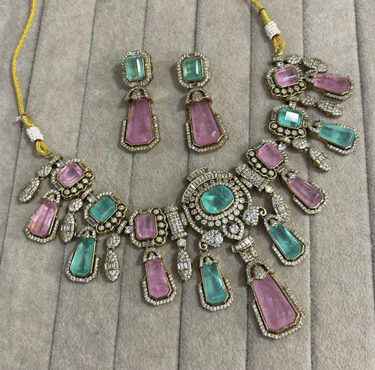 Aashika Choker Set with Doublet Fused Stone (Mint and Pink)