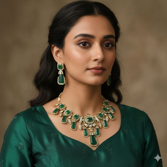 Aashika Choker Set with Doublet Fused Stone (Green)