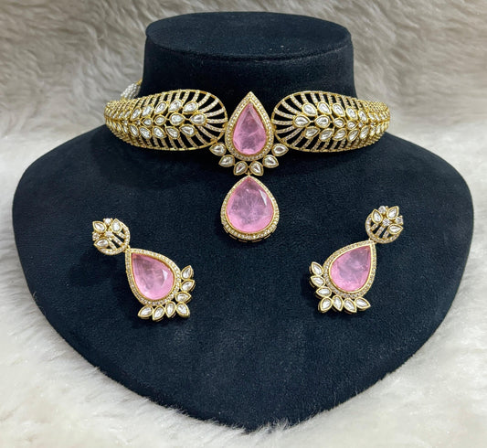 Eleganza Moissanite Choker set with doublet stone (Pink)