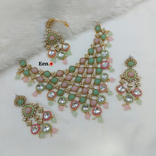 Lily Necklace set by Navrang (Pink and Mint Green)